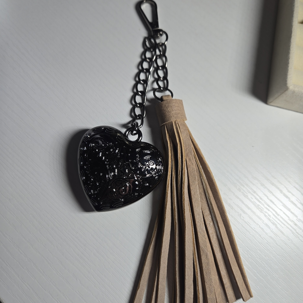 Black Metal Heart Keychain with Tan Tassel